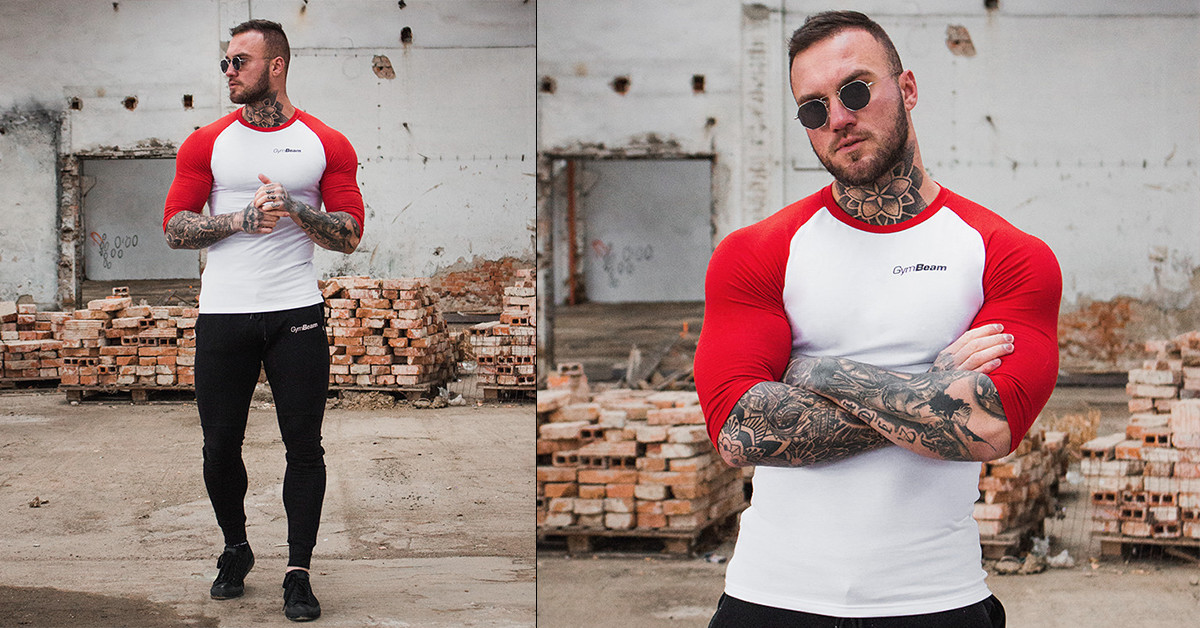 Men's T-shirt Fitted Sleeve White Red - GymBeam